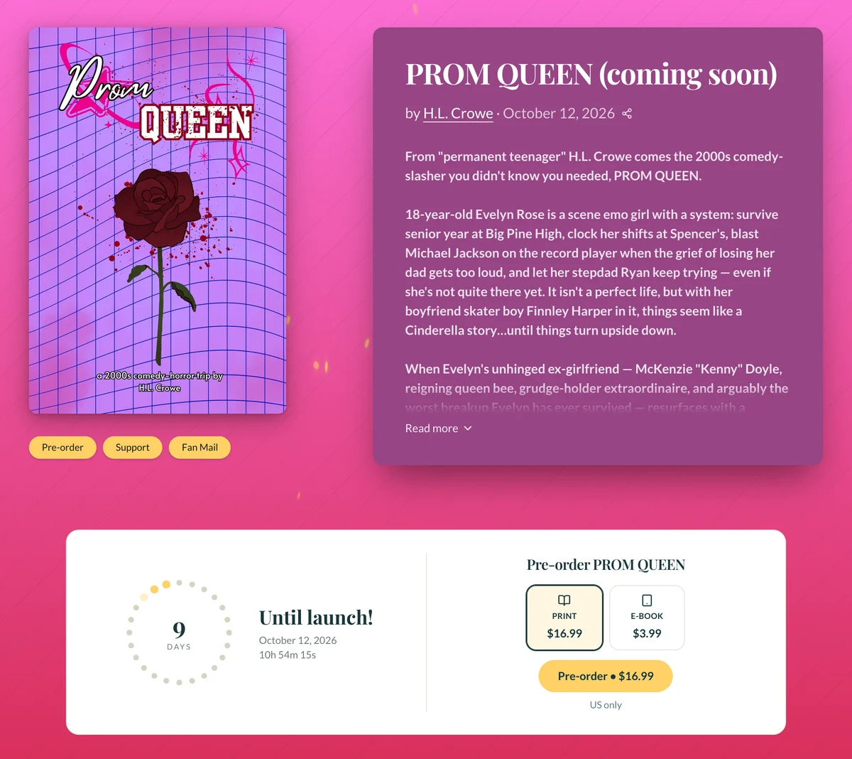 Prom Queen by H.L. Crowe, a pre-launch book page with a launch countdown and pre-orders